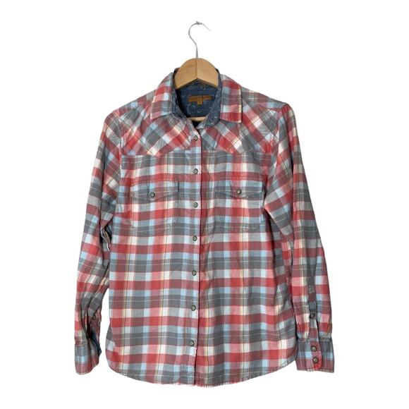 JACHS Girlfriend Plaid Flannel BEA Western Shirt Snap Front Blue Pink Small - Picture 1 of 8